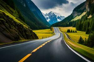 une longue route dans le montagnes. généré par ai photo