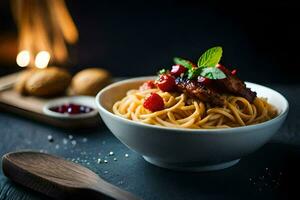 spaghetti avec Viande et Cerise tomates dans une bol. généré par ai photo