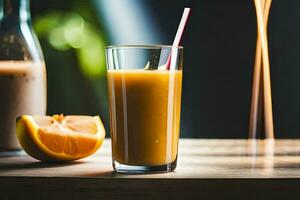 un Orange jus avec une paille et une verre. généré par ai photo