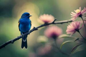 une bleu oiseau est assis sur une branche avec rose fleurs. généré par ai photo