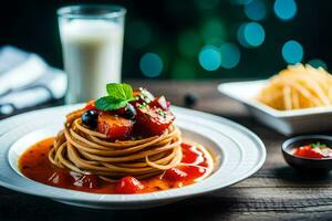 spaghetti avec tomate sauce et des légumes sur une plaque. généré par ai photo
