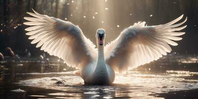 une brillant blanc à plumes cygne séance sur une vert lac, ai génératif photo