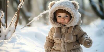 une joufflu bébé fille en marchant dans le neige, ai génératif photo
