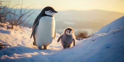 bébé manchot et le sien mère en marchant dans le neige, ai génératif photo