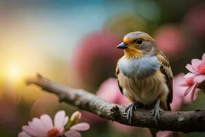 une oiseau est assis sur une branche avec rose fleurs. généré par ai photo