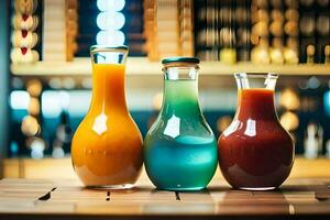 Trois différent coloré jus dans verre bouteilles sur une tableau. généré par ai photo