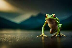 une grenouille est permanent sur le sol dans de face de une Montagne. généré par ai photo