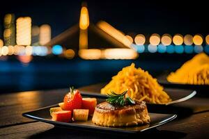 une assiette de nourriture avec une vue de le ville. généré par ai photo