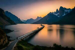 une pont plus de une Lac et montagnes à le coucher du soleil. généré par ai photo