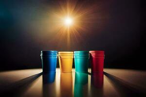 quatre coloré Plastique tasses sont doublé en haut dans de face de une brillant lumière. généré par ai photo