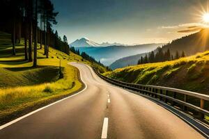 une route dans le montagnes avec le Soleil brillant. généré par ai photo