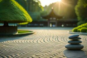 une Zen jardin avec des pierres et des arbres dans le Contexte. généré par ai photo