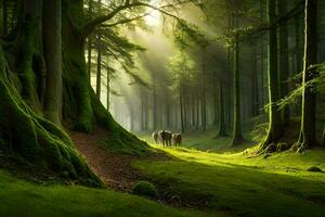 une cheval est en marchant par une forêt avec des arbres. généré par ai photo