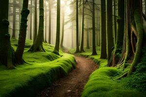 une chemin par une vert forêt avec des arbres et mousse. généré par ai photo