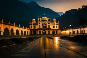 le mosquée à crépuscule dans le montagnes. généré par ai photo