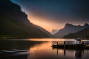 une petit maison est assis sur le bord de une Lac à le coucher du soleil. généré par ai photo