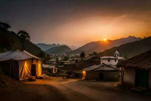 une village à le coucher du soleil avec une petit cabane et une Montagne dans le Contexte. généré par ai photo