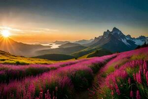 le Soleil monte plus de le montagnes et fleurs dans le premier plan. généré par ai photo