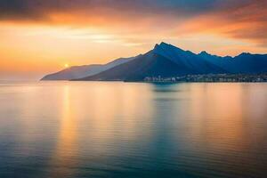 le Soleil ensembles plus de le montagnes et l'eau. généré par ai photo