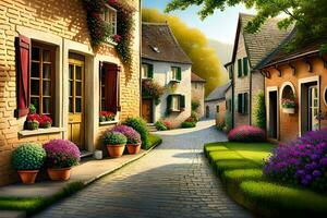 une rue avec fleurs et une maison. généré par ai photo