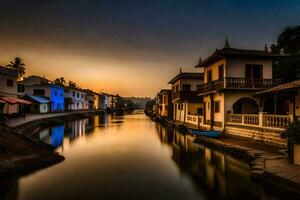 une canal dans le milieu de une ville à le coucher du soleil. généré par ai photo