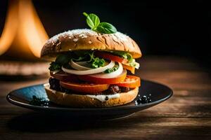 une Hamburger avec des légumes et fromage sur une plaque. généré par ai photo