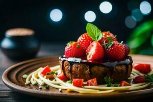 une assiette avec une fraise et une pièce de spaghetti. généré par ai photo