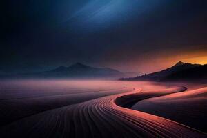 une longue ligne de le sable dans le désert à le coucher du soleil. généré par ai photo