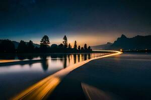 une longue exposition photographier de une rivière à nuit. généré par ai photo