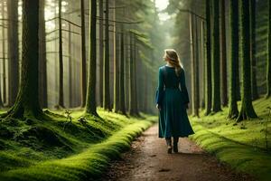 une femme dans une bleu robe en marchant par une forêt. généré par ai photo