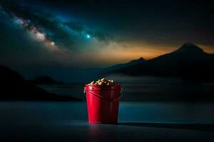 une seau de pop corn sur une table dans de face de une lac. généré par ai photo