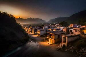 une village à le coucher du soleil dans le montagnes. généré par ai photo