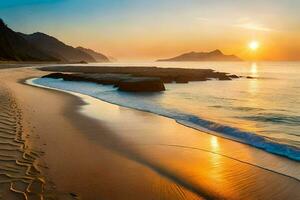 le Soleil ensembles plus de le océan et le sable. généré par ai photo