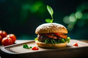 une Hamburger avec tomates et salade sur une en bois Coupe planche. généré par ai photo