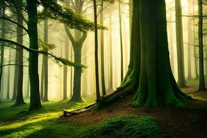 une forêt avec des arbres et herbe. généré par ai photo