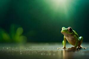 une grenouille est séance sur une table dans de face de une vert Contexte. généré par ai photo