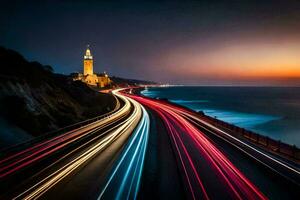 une longue exposition photo de une Autoroute avec une la tour dans le Contexte. généré par ai