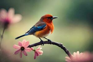 une coloré oiseau est assis sur une branche avec rose fleurs. généré par ai photo