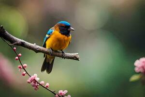 une coloré oiseau est assis sur une branche avec rose fleurs. généré par ai photo