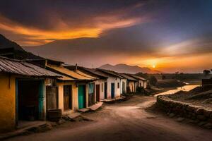 une village à le coucher du soleil avec coloré Maisons. généré par ai photo