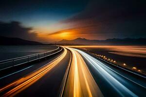 une longue exposition photographier de une Autoroute à le coucher du soleil. généré par ai photo