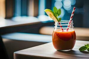 une verre de tomate jus avec une paille et une menthe feuille. généré par ai photo