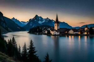 une église et Montagne intervalle dans le Contexte à le coucher du soleil. généré par ai photo