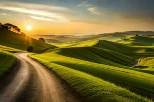 le route à le le coucher du soleil. généré par ai photo