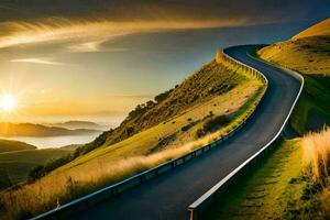 le route à le le coucher du soleil. généré par ai photo