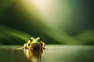 une grenouille séance sur une humide surface avec une vert Contexte. généré par ai photo
