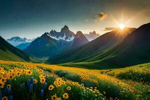 le Soleil monte plus de le montagnes et fleurs dans le premier plan. généré par ai photo