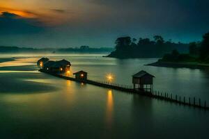 une longue jetée avec Maisons sur il à le coucher du soleil. généré par ai photo