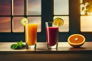 deux des lunettes de jus avec tranches de Orange et citron. généré par ai photo