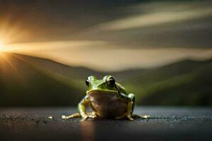 une grenouille séance sur le sol dans de face de le Soleil. généré par ai photo